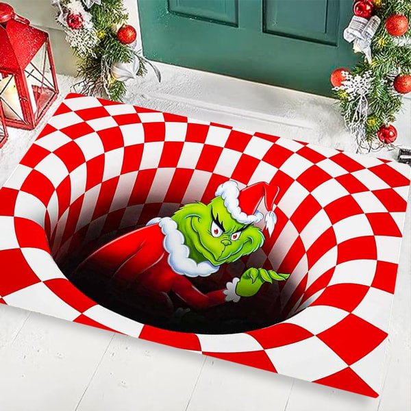 Grinch Illusion dørmåtte - juledekoration dørmåtte, 3D Visual Illusion Shaggy tæppe til hjemmet i soveværelset