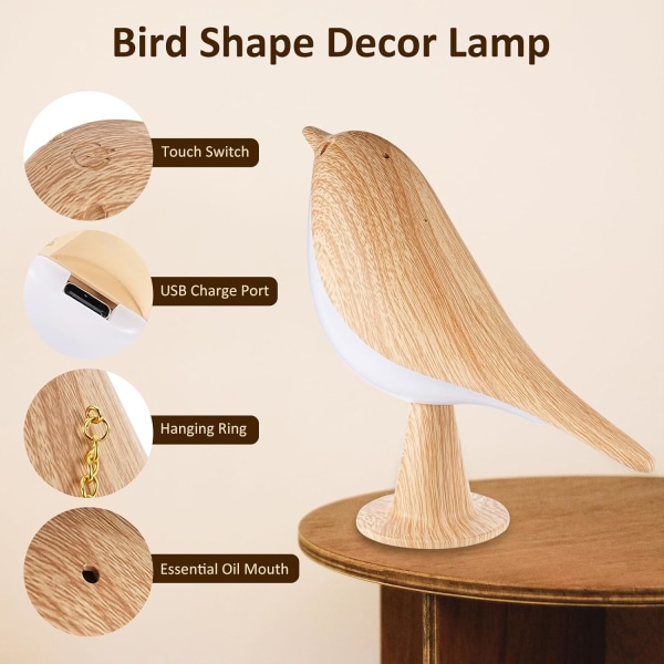 Liten nattlampa, söt fågel LED-bordslampa med beröringsdimmer Creative sänglampa 3 nivåer ljusstyrka skrivbordslampa wi Gul