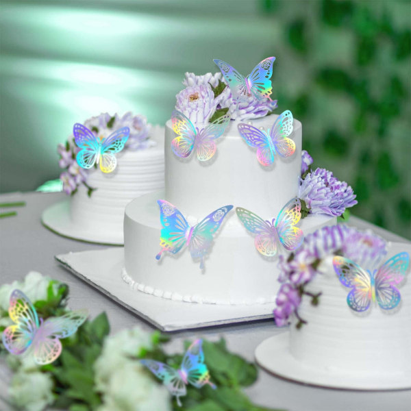 Väggdekor för laserfjäril, 48 st 2 stilar, löstagbara fjärilar för tårtcupcake toppers, 3D-pappersfjärilsdekorationer för födelsedag Baby Sh A