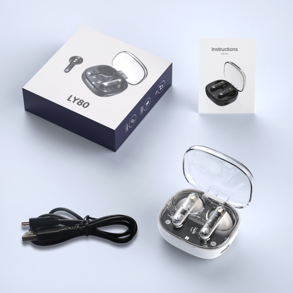Trådlösa Bluetooth öronsnäckor, genomskinliga hörlursfack, Bluetooth 5.3, hörlurar med superlång standbytid på 180 timmar, brusreducering Vit LY80