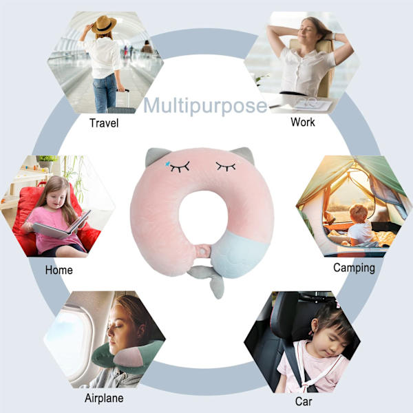 Resekudde - Mjukt memory foam nackkudde för vuxna, barn, bekväm och bärbar U-formad nackkudde (rosa) Cat