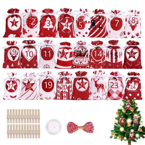 1 set julklappspåsar, julklappspåsar med dragsko Adventskalenderpåsar för julfesttillbehör D