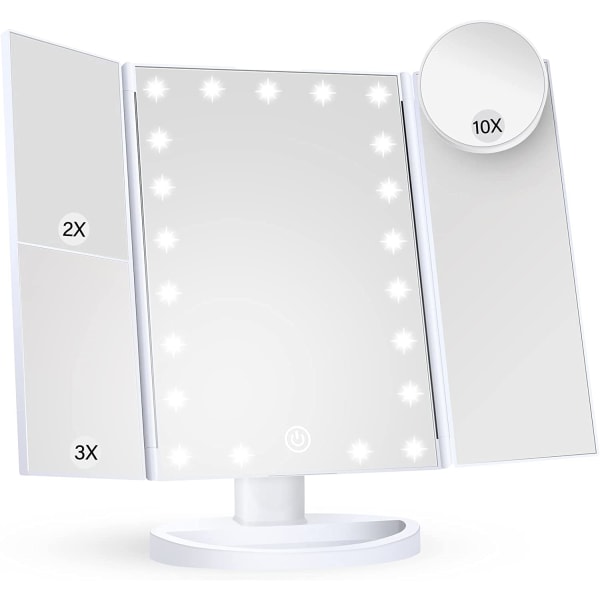 Sminkspegel med ljus 2X 3X 10X förstoring upplyst sminkspegel beröringskontroll trefaldig sminkspegel dubbel power present för kvinnor white