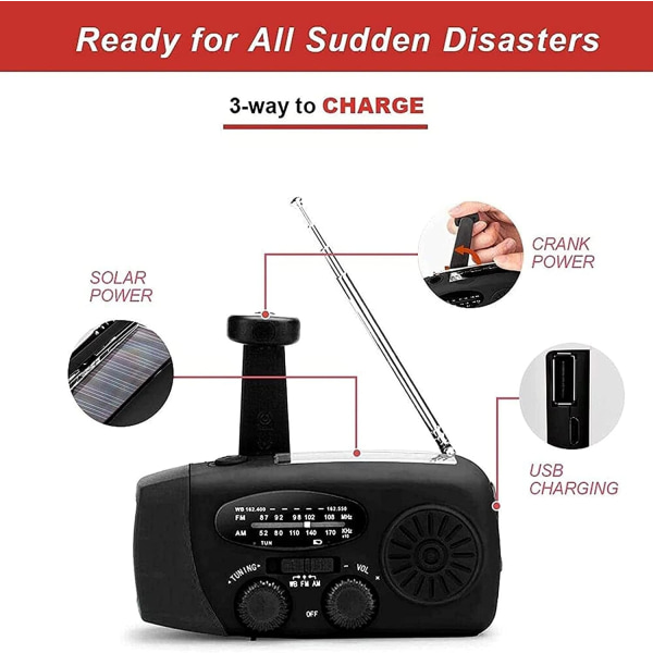 Nödhandvevsradio med LED-ficklampa för nödsituationer, AM/FM bärbar väderradio med Power Bank-telefonladdare, USB laddad