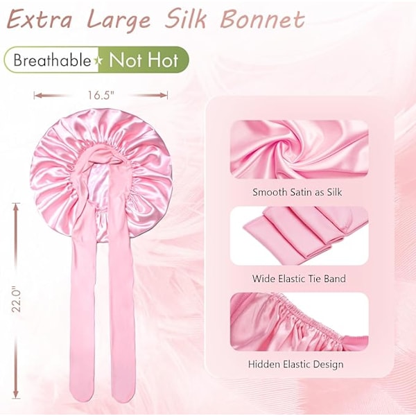 Satin Sovmössor för Kvinnor med Långt Naturligt Lockigt Hår, Satin Sovmössor med Brett Band för Åtdragning för Honom Rosa Pink L