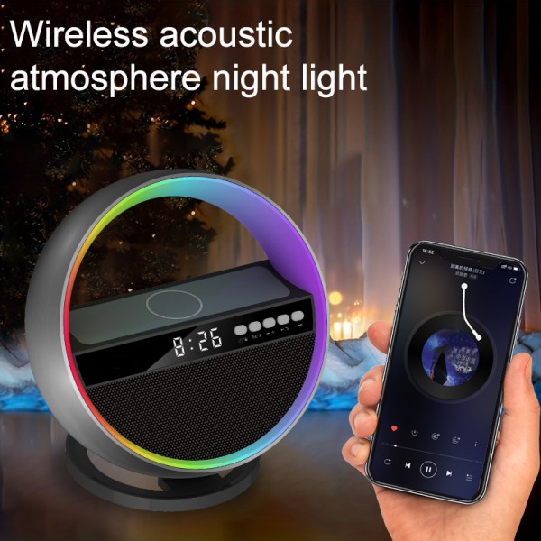 Langaton lataus Bluetooth kaiutin, suuri G-tunnelmavalo, matkapuhelin, langaton latauskello, monitoiminen äänentoistojärjestelmä black