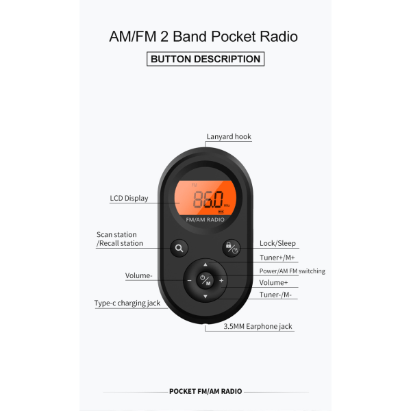 Pocket mini bærbar radio, lille opladningsversion med baggrundsbelysning FM/AM Black