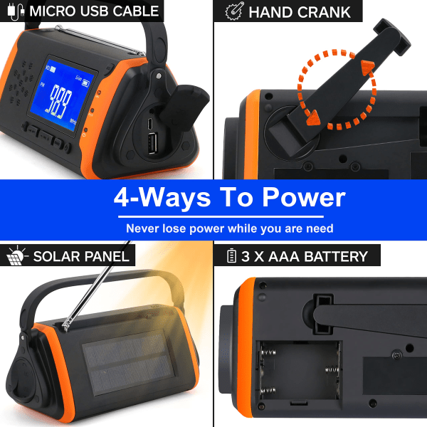 Solar Radio Emergency Wind Up Radio Håndsving AM FM-radio med lys lommelygte, SOS-alarm, AUX-musikafspiller, 4000mAh Power Bank, Stor LCD-skærm for Europeisk version