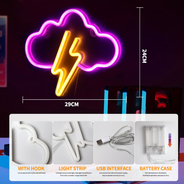 Neonskilt med sky og blits, LED-dekorasjon, spilldekorasjon, dekorasjon av spillrom, neonlys, USB og batteridrevet B