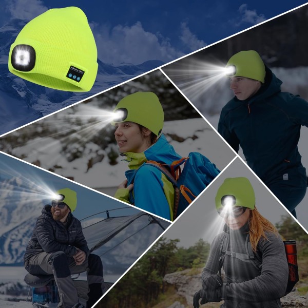 Bluetooth musikmössa, vintermössa med ljus, 4 LED-mössa USB uppladdningsbara mössor för män, kvinnor, varm stickad mössa för vintersport utomhuslöpning grå