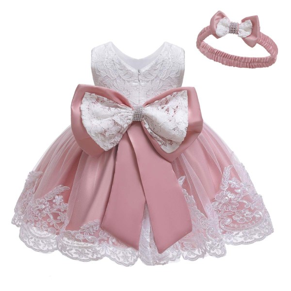 Baby Girl Spets Broderiklänning Rosett Festklänning Brudtärna Bröllopsklänning Med Tiara light pink 90cm