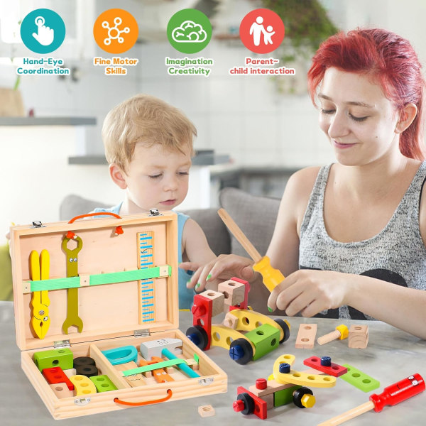 Lasten työkalulaatikko - puinen lelutyöpöytä Montessori-lelu 2 3 4 5 6 vuoden työkalu Lapset Opetuspelit Lasten 1 LÅDA