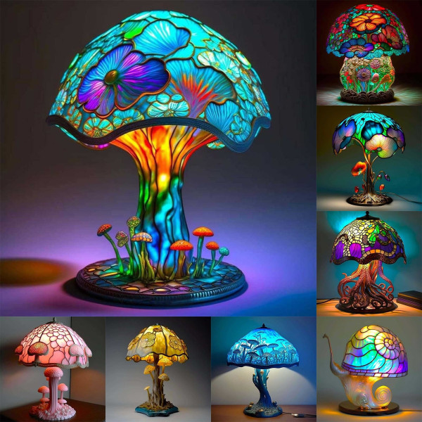 Farget harpiks Mushroom Table Lamp, 5,9 tommers høye farget malerier Plant Series Night Light, USB Oppladbar bohemsk deco B