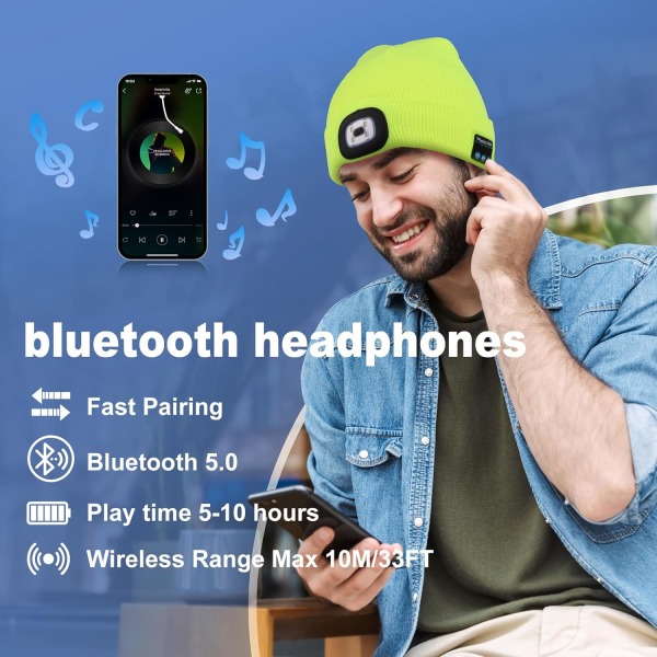 Bluetooth musikmössa, vintermössa med ljus, 4 LED-mössa USB uppladdningsbara mössor för män, kvinnor, varm stickad mössa för vintersport utomhuslöpning grå