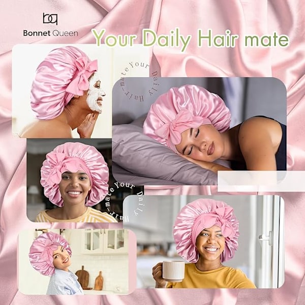 Satin Sovmössor för Kvinnor med Långt Naturligt Lockigt Hår, Satin Sovmössor med Brett Band för Åtdragning för Honom Rosa Pink M