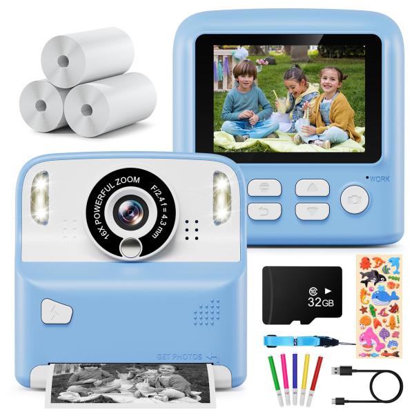 Kids Camera Instant Print, 1080P Instant Camera, 2,4" skärm barnkamera med 32 GB kort 3 rullar print Blue