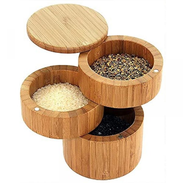 Trippel bambu salt- och pepparkällare - 3-sektions salt- och pepparhållare med magnetiskt vridbart lock - peppar- och saltskål Three-grid Seasoning Jar