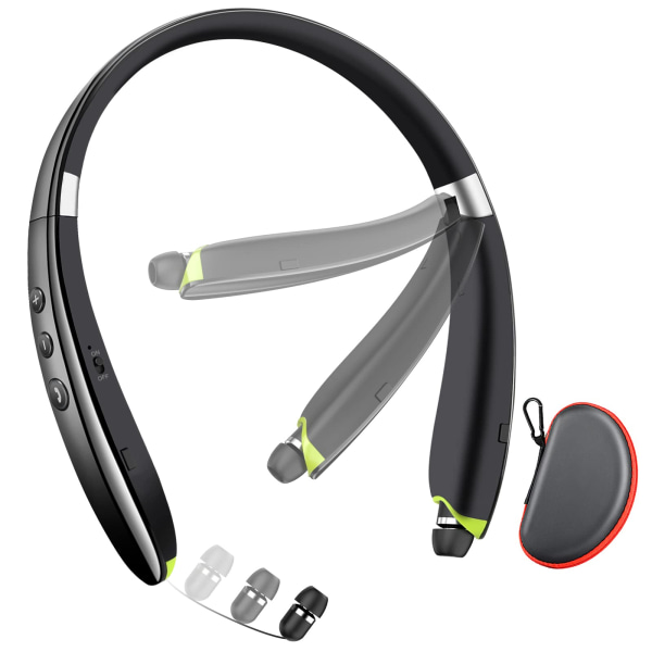 Bluetooth headset, uppgraderade Bluetooth hörlurar med nackband, brusreducerande stereohörlurar med mikrofon, hopfällbara trådlösa hörlurar för sportkontor svart