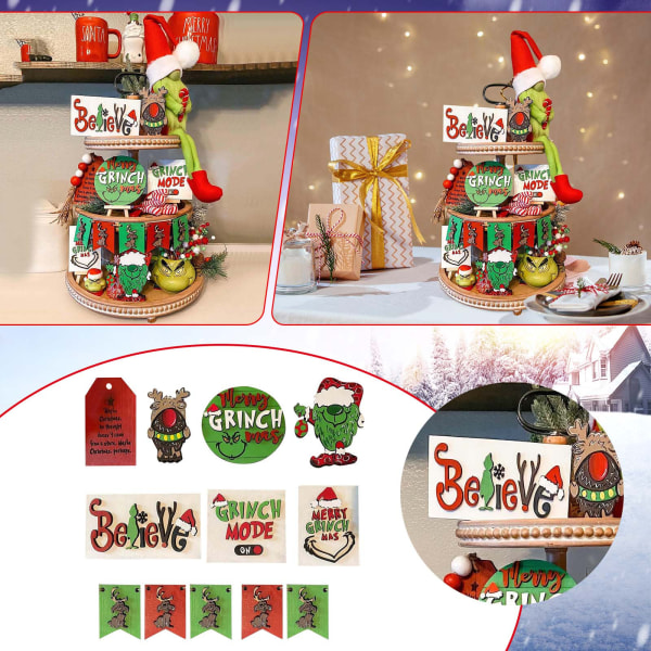 12 PCS Grinchma Christmas Tiered Tray Decorative Wooden Signs, Red Green Monster Christmas Table Decor Christmas Ornaments A