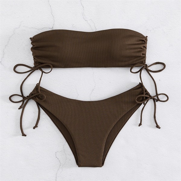 2024 Nya Simbassänger Ribbad Bikini Set Dragsko Sida Bandeau Top och Side Tie Botten 2 Delig Baddräkt coffee brown XL