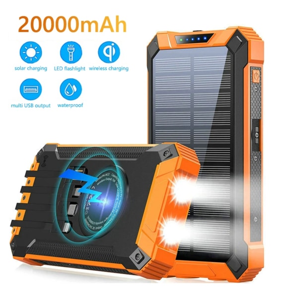 Solar Laddare Power Bank - 20000mAh Solar Telefonladdare med USB-C in/utgång med LED-ficklampa, Portabel Power Bank Inbyggd 4 kablar blue