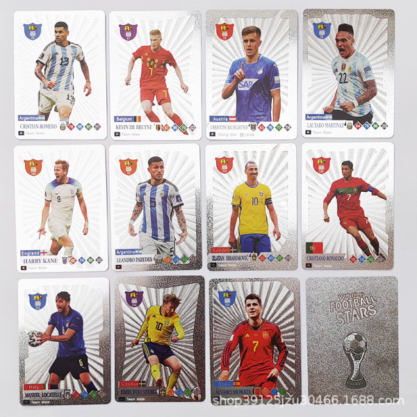 1 boks med 55 kort FIFA verdensmesterskap og EM-stjernekort, gullfoliekort, 55 stjernekort Silver