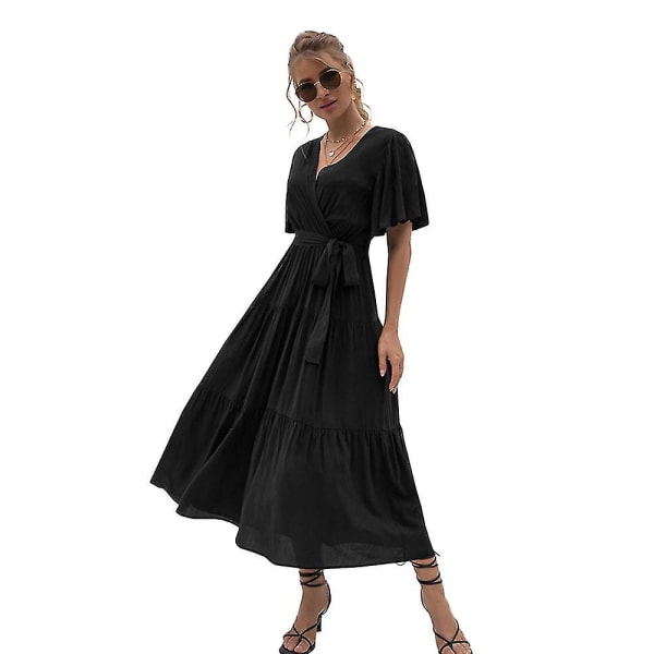 Lång flytande brudtärna Cocktail aftonklänning för kvinnor, svart S XL