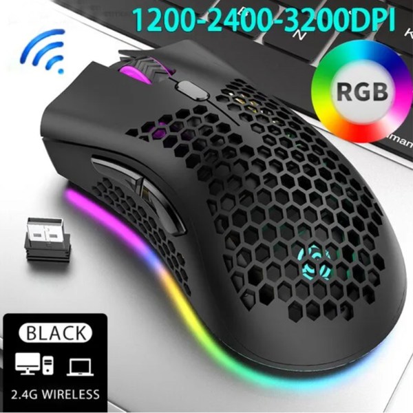 Oppladbar gamingmus USB 2.4G trådløs RGB Light Honeycomb svart