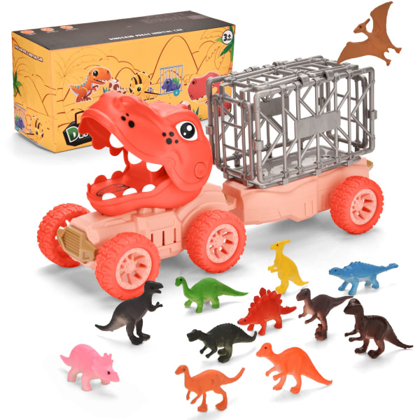 Dinosaurie Truck Leksaker för barn i åldrarna 2-5, T-Rex Car Transport Truck med 12 Dino figurer, Jurassic Dinosaur lekset för 3 4 5 år gammal pojke och Rosa