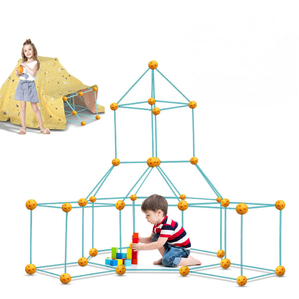 87 stk Fort Building Kit - Byggeleker for 5+ åringer - DIY leketelt innendørs og utendørs - Lekehus for barn - Bygg ditt eget barneltelt A