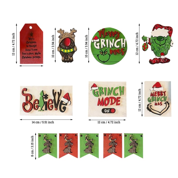 12 PCS Grinchma Christmas Tiered Tray Decorative Wooden Signs, Red Green Monster Christmas Table Decor Christmas Ornaments A