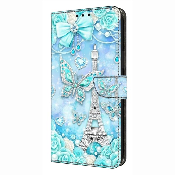 iPhone 16 Pro Plånboksfodral Mönster Tryck Stativ Läder Flip Telefonskal - Fjärilskoboltorn Blå