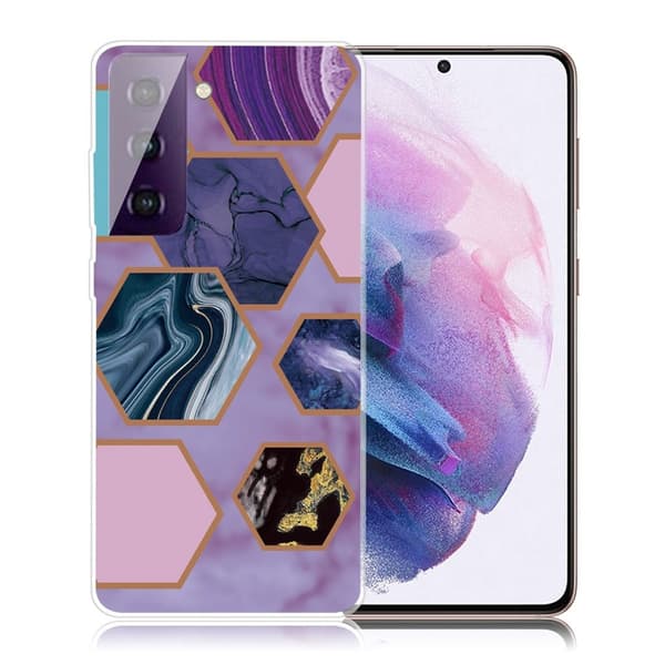 Marble Samsung Galaxy S21 FE Etui - Sekskanter i Lilla Baggrund Multicolor