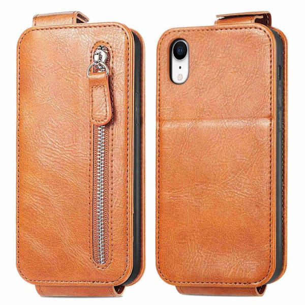 Lodret iPhone Xr flip etui med lynlås - Brun Brown