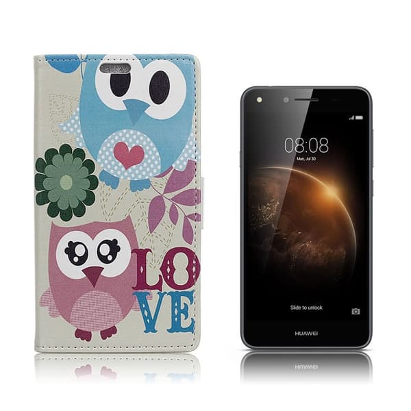 Huawei Y6II Compact etui av lær m/ mønster - Søte ugler og love Multicolor