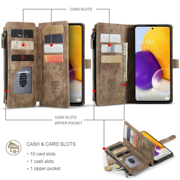 CaseMe Samsung Galaxy A72 5G etui med lynlås og pung - Brun Brown