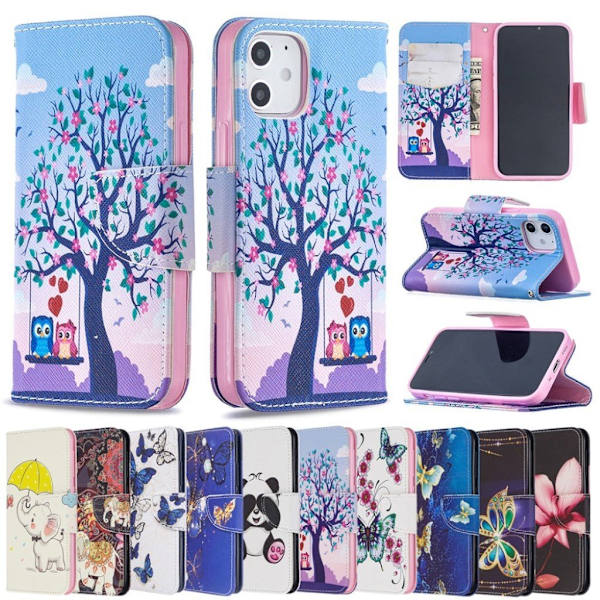 Wonderland iPhone 12 Mini flip etui - Ugle Og Træ Multicolor