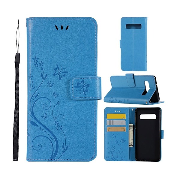 Samsung Galaxy S10 sommerfugle- og blomstertryk læder flip etui - Blå Blue
