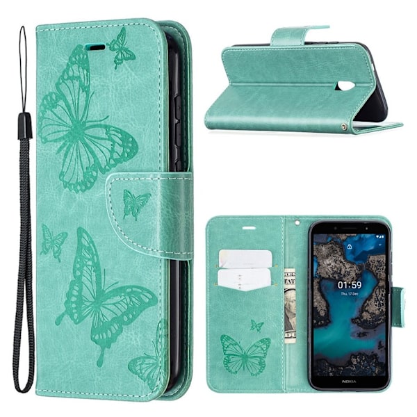 Butterfly Nokia C1 Plus Flip Etui - Grøn Green
