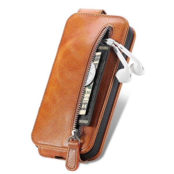 Vertical Flip Phone Suojakotelo With Zipper For iPhone 13 Pro Ma Brown