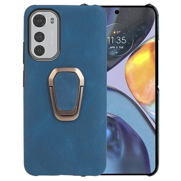 Støtsikkert skinndeksel med ovalt kickstand for Motorola Moto E32 - Blå Blue