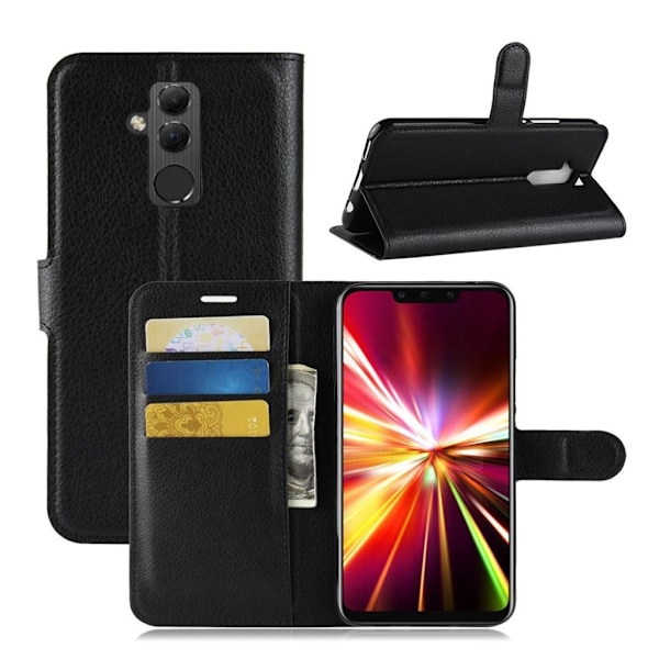 Huawei Mate 20 Lite mobiletui i kunstlæder med Litchi struktur og kortlommer - Sort Black