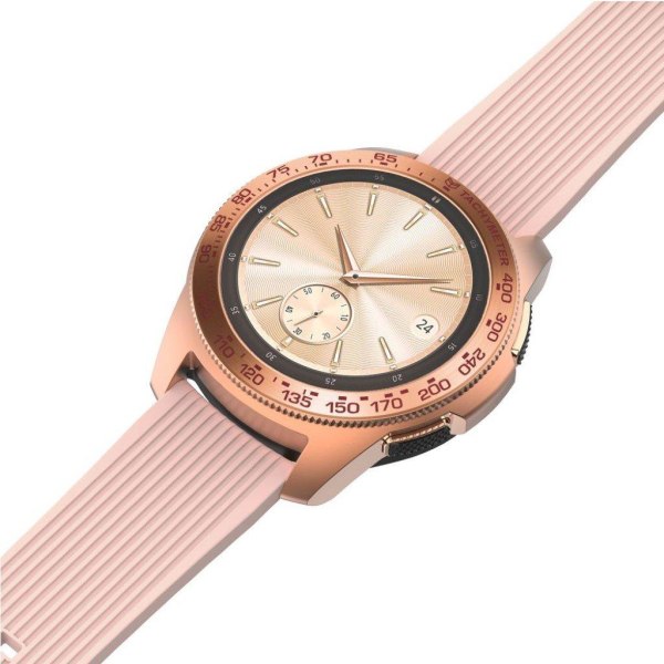 Samsung Galaxy Watch (42mm) ringrammeetui i rustfrit stål - Rosaguldring Med Rød Tekst Pink