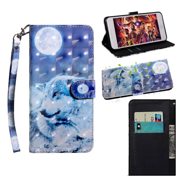 Huawei P Smart 2019 lysspot dekoreret læder flip etui - Hvid Ulv White