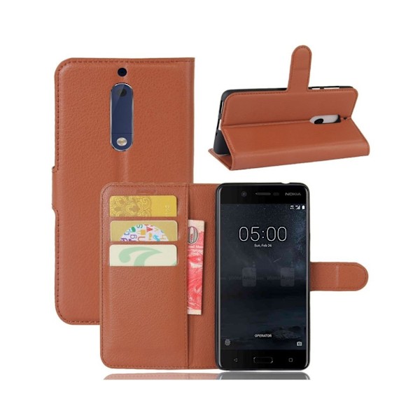 Nokia 5 litsitekstuurinen nahkakotelo - Ruskea Brown