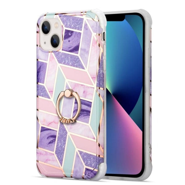 Marble Patterned Suojakuori With Ring Holder For iPhone 13 - Tile Of Purple Blues And Pinkki Purple