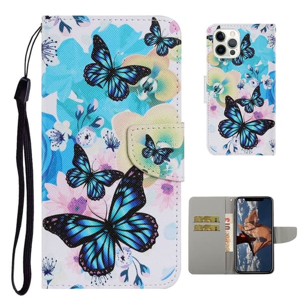 Wonderland iPhone 13 Pro Läppäkotelo - Sininen Perhonen Multicolor
