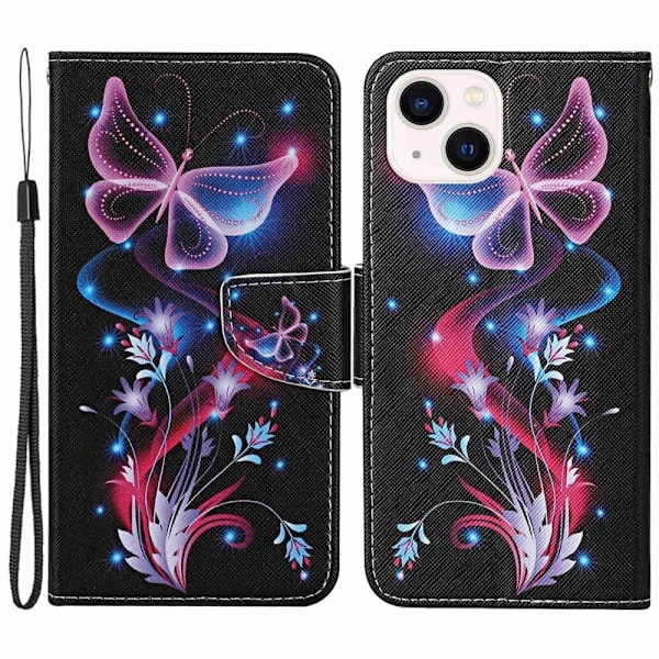 Wonderland iPhone 14 Läppäkotelo - Fluorescent Butterflies Multicolor
