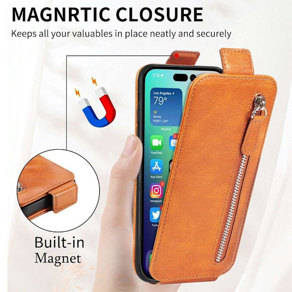 Vertikalt iPhone 14 fodral med dragkedja - Brun Brun