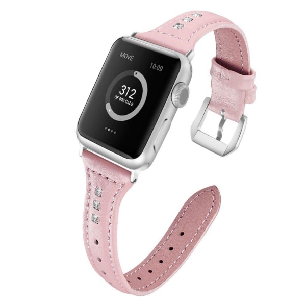 Apple Watch Series 5 44mm krystal ægte læder Urrem - Rødguld Pink